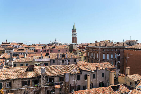 Classic Venetian Poster featuring the photograph Classic Venetian - Terracotta Rooftops Vista Centered on Saint Mark Basilica Campanile by Georgia Mizuleva