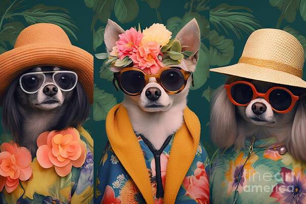 Dog Poster featuring the painting collection glasses fashion Dog flowers Background hats wearing dogs Cute chihuahua pet animal puppy canino white isolated breed mammal small brown purebred black sitting portrait domestic little by N Akkash
