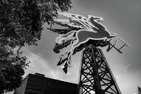 America Poster featuring the photograph Dallas Pegasus In Front Of Omni Hotel - Black and White by Gregory Ballos