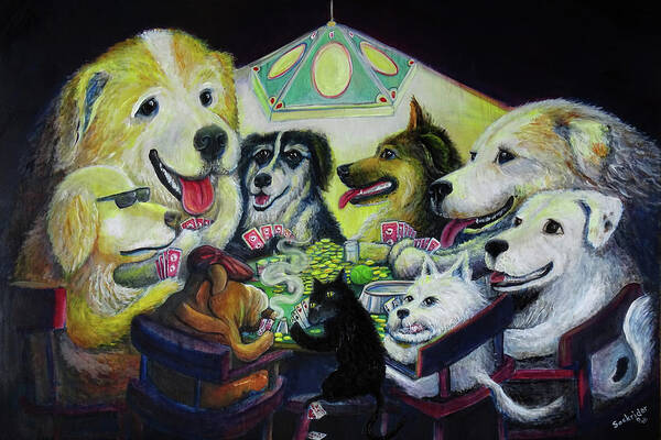 Dogs Poster featuring the painting Dogs playing Poker by David Sockrider
