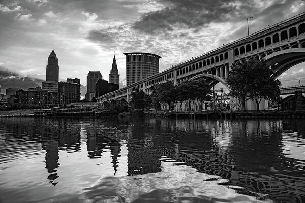 Cleveland Skyline Poster featuring the photograph Downtown Cleveland Skyline - Grayscale Edition by Gregory Ballos