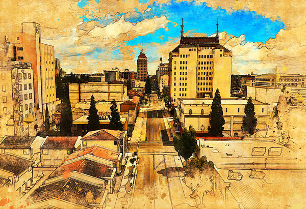 Fresno Poster featuring the digital art Downtown Fresno, California, seen above Fulton Street - painting and sketch by Nicko Prints