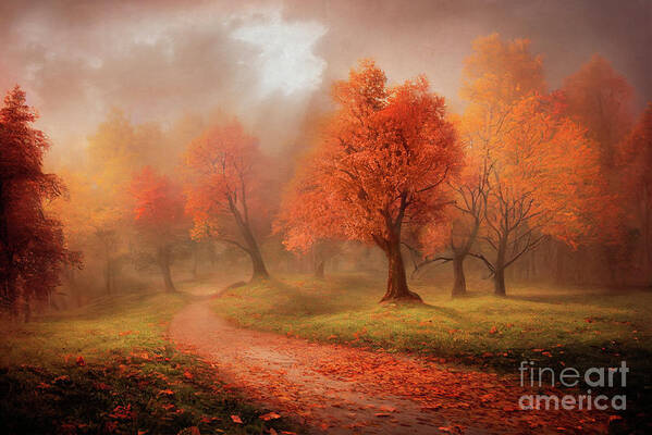 Autumn Poster featuring the painting Dramatic autumn landscape of misty forest and path with fall lea by Jelena Jovanovic