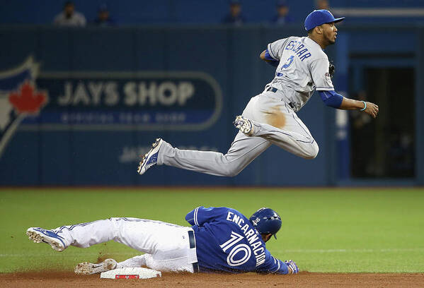 Double Play Poster featuring the photograph Edwin Encarnacion and Alcides Escobar by Tom Szczerbowski