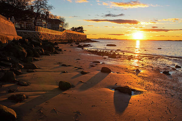 Swampscott Poster featuring the photograph Fisherman's Beach Rock Wall Sunset Swampscott Massachusetts North Shore by Toby McGuire