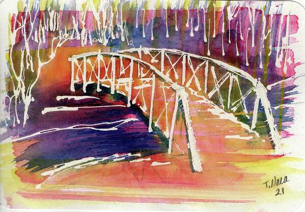 Winter Bridge Poster featuring the painting Elm Creek Bridge Orange by Tammy Nara