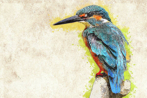 Common Poster featuring the painting Emerald Blue Common Kingfisher by Custom Pet Portrait Art Studio