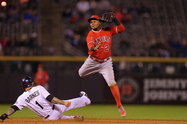 Double Play Poster featuring the photograph Erick Aybar and Brandon Barnes by Justin Edmonds