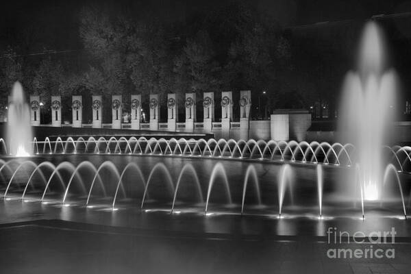 Washington Poster featuring the photograph Evening At The WW II Memorial Fountain Black And White by Adam Jewell