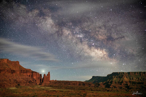 Moab Utah Desert Colorado Plateau Milky Way Night Professor Valley Castle Valley Poster featuring the photograph Fisher Towers and the Milky Way by Dan Norris