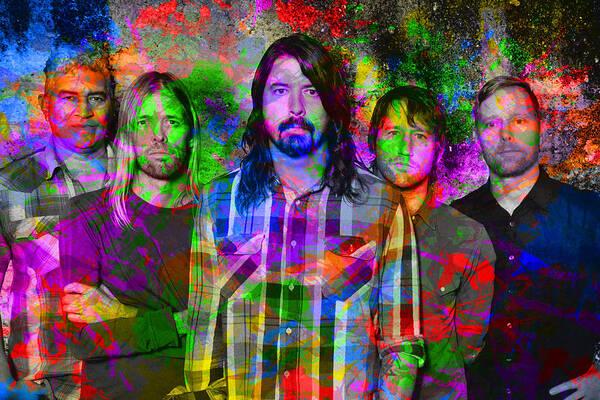 Foo Fighters Poster featuring the mixed media Foo Fighters Band Paint Splatters Portrait by Design Turnpike