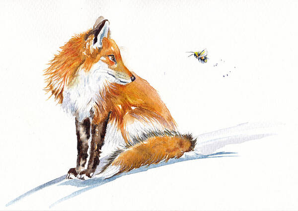 Fox Poster featuring the painting Fox - Bee-side You by Debra Hall