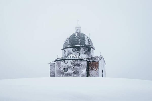 Radhost Poster featuring the photograph Frozen historical chapel - White colour by Vaclav Sonnek