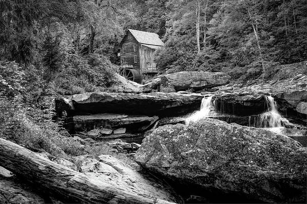 America Poster featuring the photograph Glade Creek Grist Mill and Twin Falls - Black and White by Gregory Ballos