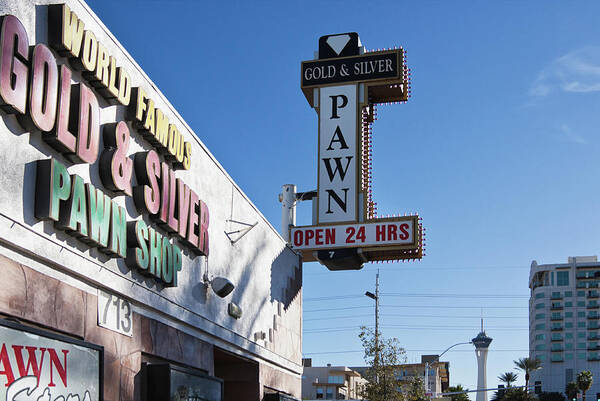 Sign Poster featuring the photograph Gold and Silver Pawn Shop sign, Las Vegas by Tatiana Travelways
