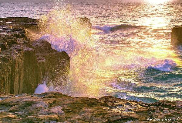 Rocks Poster featuring the photograph Golden Sea Spray by Alan Ackroyd