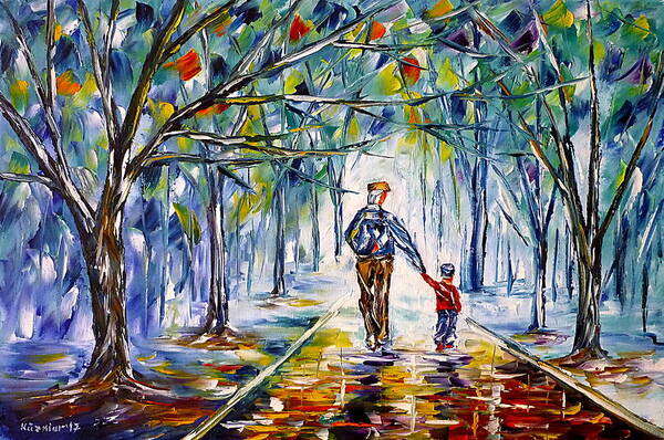 Autumn Walk Poster featuring the painting Grandpa With Grandson by Mirek Kuzniar