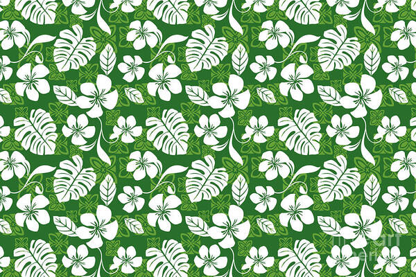 Green Poster featuring the photograph Green and White Hawaiian Flower Blooms and Tropical Leaves Pattern by PIPA Fine Art - Simply Solid