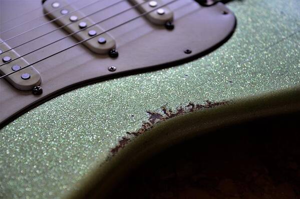 Fender Poster featuring the photograph Green Sparkle Aged Relic Guitar in Sunlight by Guitarwacky Fine Art