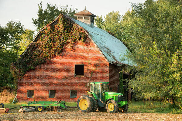 Chesterfield Missouri Poster featuring the photograph Green Tractor and Barn - Missouri Farmhouse by Gregory Ballos
