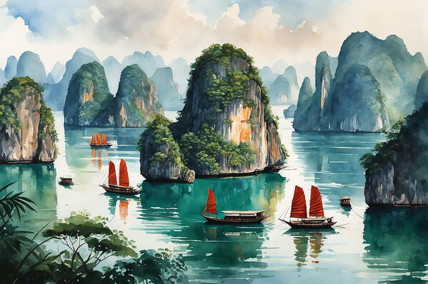 Vietnam Poster featuring the digital art Halong Bay #1 by Manjik Pictures