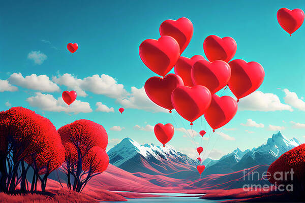 Heart Poster featuring the digital art Heart shape balloons flying in the sky by Jelena Jovanovic
