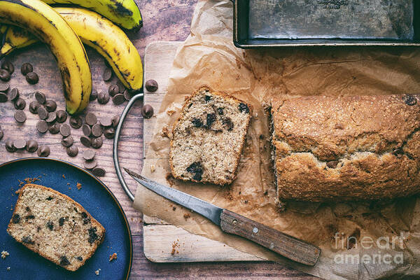 Banana Loaf Poster featuring the photograph Homemade Banana and Chocolate Chip Cake by Tim Gainey
