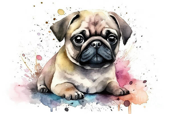 Cute Poster featuring the painting Illustration of watercolor cute baby pug, by N Akkash