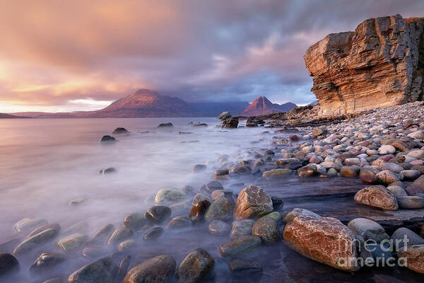 Elgol Poster featuring the photograph Isle of Skye, Elgol Beach at Sunset, Scotland. by Barbara Jones PhotosEcosse