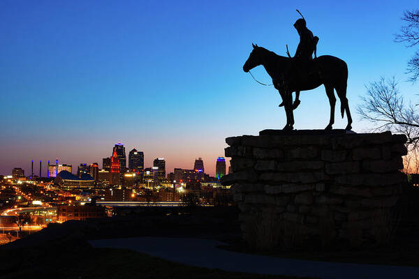 Kansas City Skyline Poster featuring the photograph Kansas City Skyline and The Scout Silhouette by Gregory Ballos