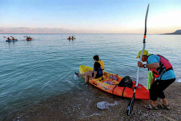 Kayaks Poster featuring the photograph Kayaks at the Dead Sea by Dubi Roman