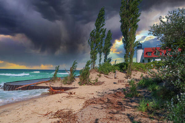 Northernmichigan Poster featuring the photograph Lake Michigan Storm at Lighthouse IMG_2614 by Michael Thomas