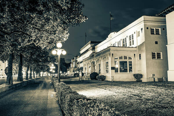 Hot Springs Poster featuring the photograph Lamar Bathhouse and Hot Springs Bathhouse Row at Dusk in Sepia by Gregory Ballos