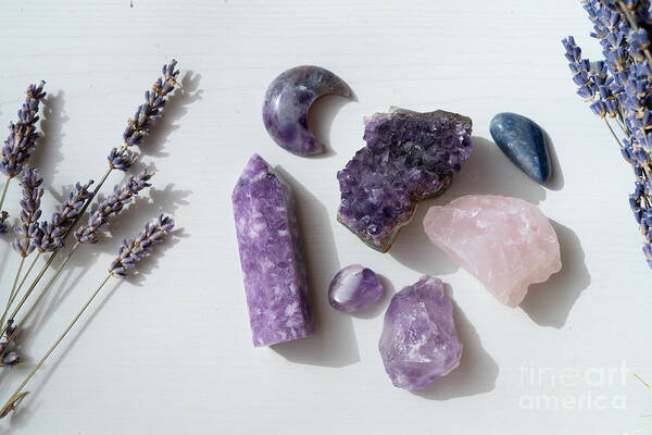 Healing Crystal Poster featuring the photograph Lavender and Crystals by Anastasy Yarmolovich