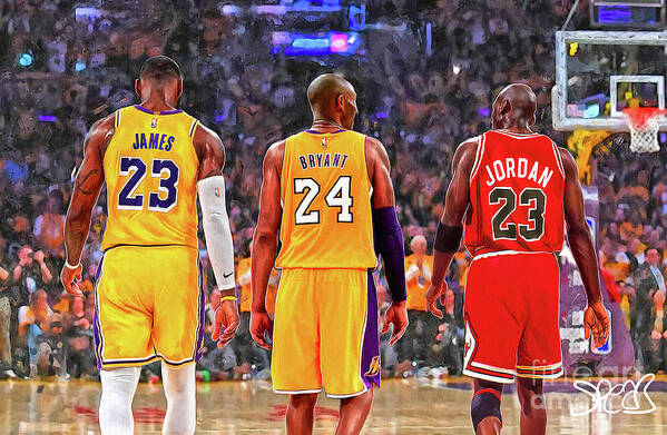 Michael Jordan Poster featuring the mixed media LeBron James, Kobe Bryant and Michael Jordan by Mark Spears