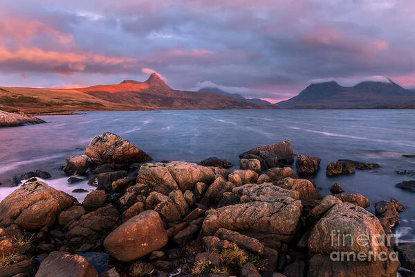 Aird Of Coigach Poster featuring the photograph Loch Bad a Ghaill Sunset Coigach Scotland. by Barbara Jones PhotosEcosse