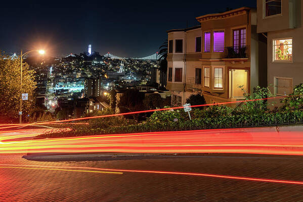 Light Trails Poster featuring the photograph Lombard Street Light Trails by Laura Macky