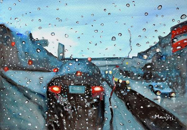 Rainy Poster featuring the painting Long drive on Highway romantic rainy painting by Manjiri Kanvinde