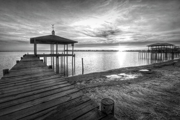 Clouds Poster featuring the photograph Long Sunset Dock Black and White by Debra and Dave Vanderlaan