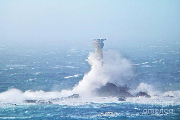 Longships Lighthouse Poster featuring the photograph Longships Lighthouse During Storm Diana by Terri Waters