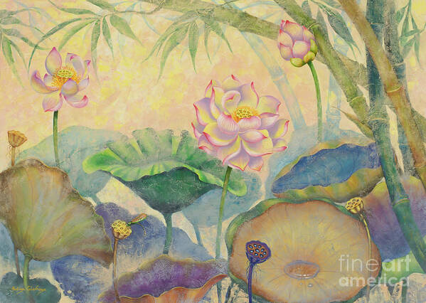 Lotus Poster featuring the painting Lotus. First touch of sunlight by Yuliya Glavnaya