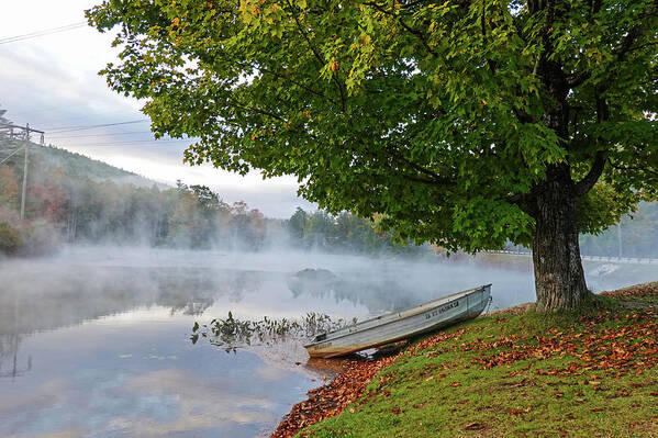 Ludlow Poster featuring the photograph Ludow VT Row Boat Misty Morning Fall Foliage by Toby McGuire