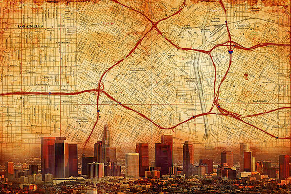 Los Angeles Map Poster featuring the digital art Map of Downtown Los Angeles and skyline blended on old paper by Nicko Prints