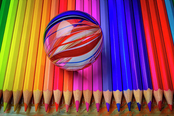 Pencil Poster featuring the photograph Marble On Colored Pencils by Garry Gay