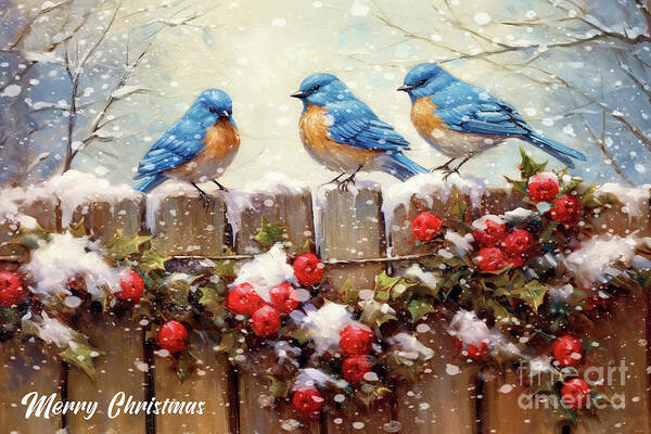Bluebirds Poster featuring the painting Merry Christmas Bluebirds by Tina LeCour