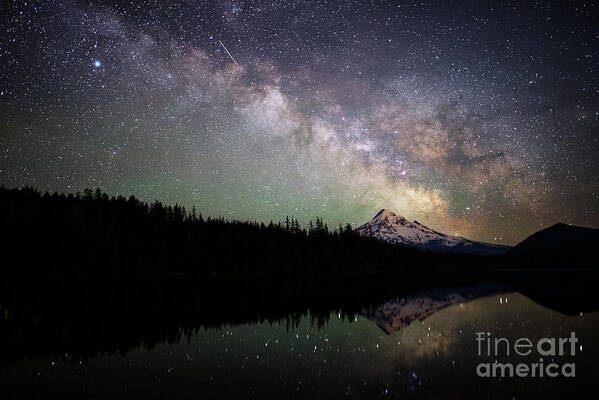 Stars Poster featuring the photograph Milky Way and Mount Hood Reflecting in Lost Lake by Tom Schwabel