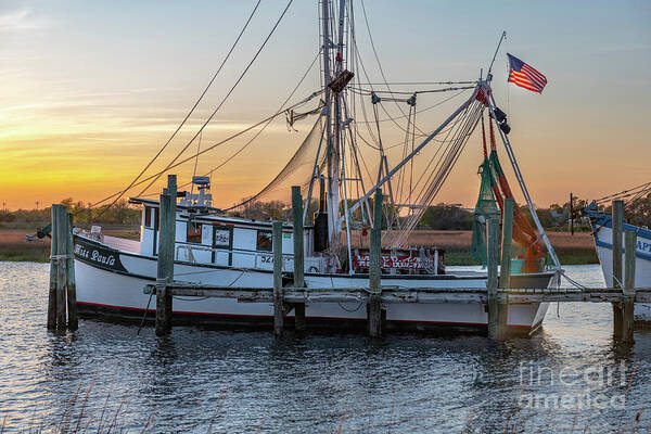 Miss Paula Poster featuring the photograph Miss Paula Shrimp Boat on Shem Creek - Sunset Skies by Dale Powell