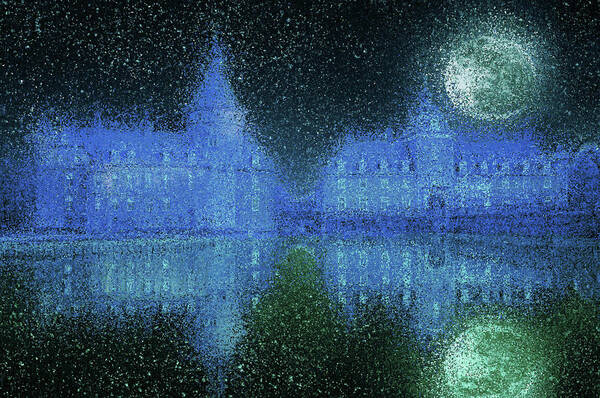 Castle Poster featuring the painting Moated castle on a moonlit night by Alex Mir