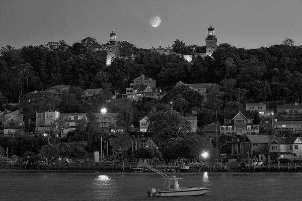 Navesink Twin Lights Poster featuring the photograph Moonset Navesink Twin Lights BW by Susan Candelario