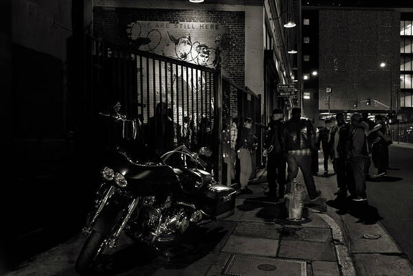 Motorcycle Club At Night Poster featuring the photograph Motorcycle Club Black and White by Mark Stout